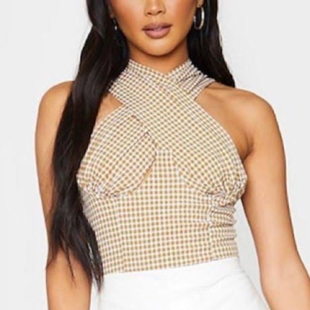 Beige Gingham Check Print Cross Front Underbust Detail Halterneck crop Top